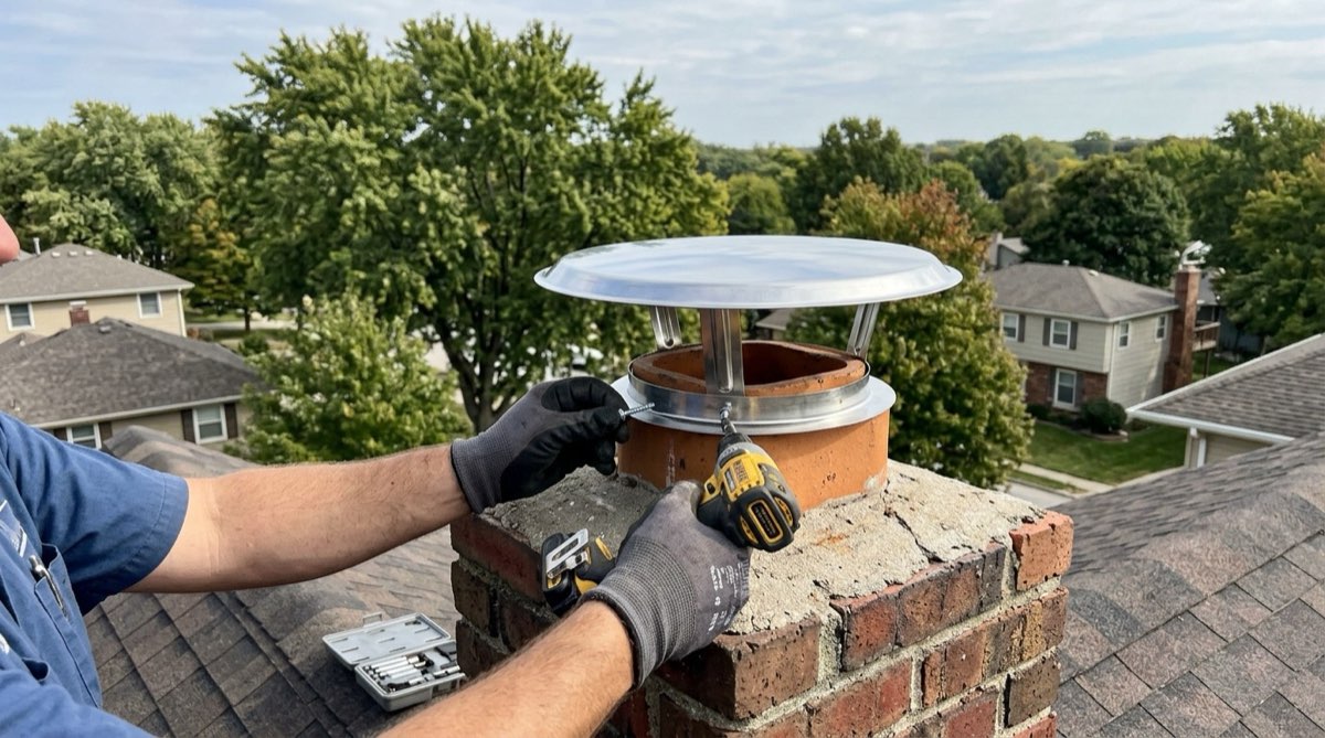 Fitting a new stainless steel chimney cap on a Des Moines home