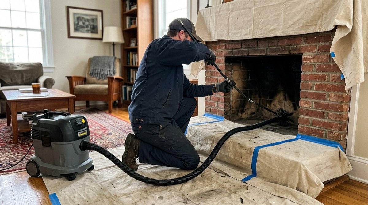 Technician cleaning the flue from the firebox with drop cloths and a HEPA vacuum