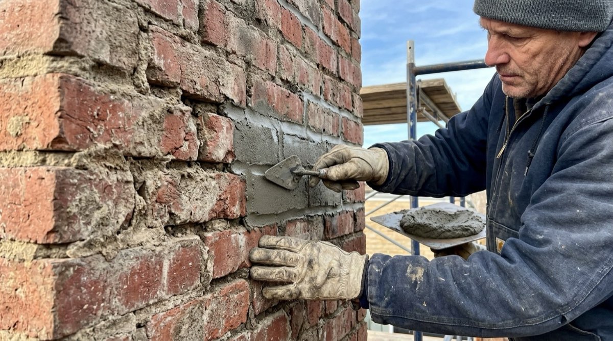 Repointing weathered brick joints on a chimney