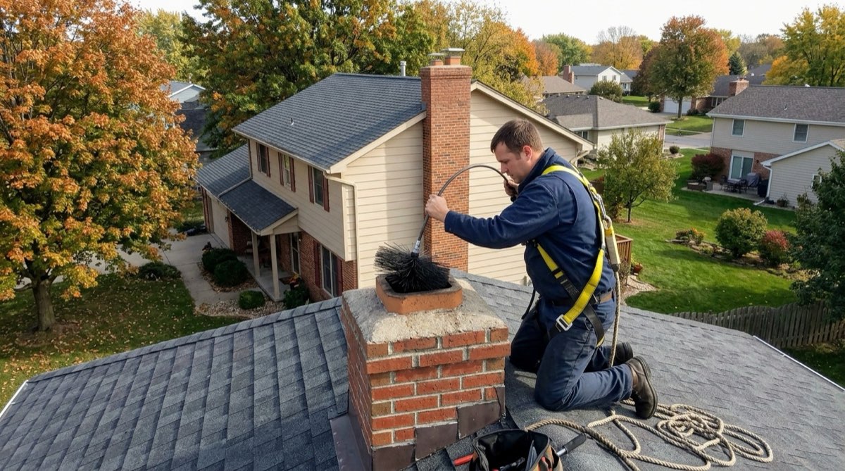 Chimney sweep brushing the flue from the roof of a Des Moines home